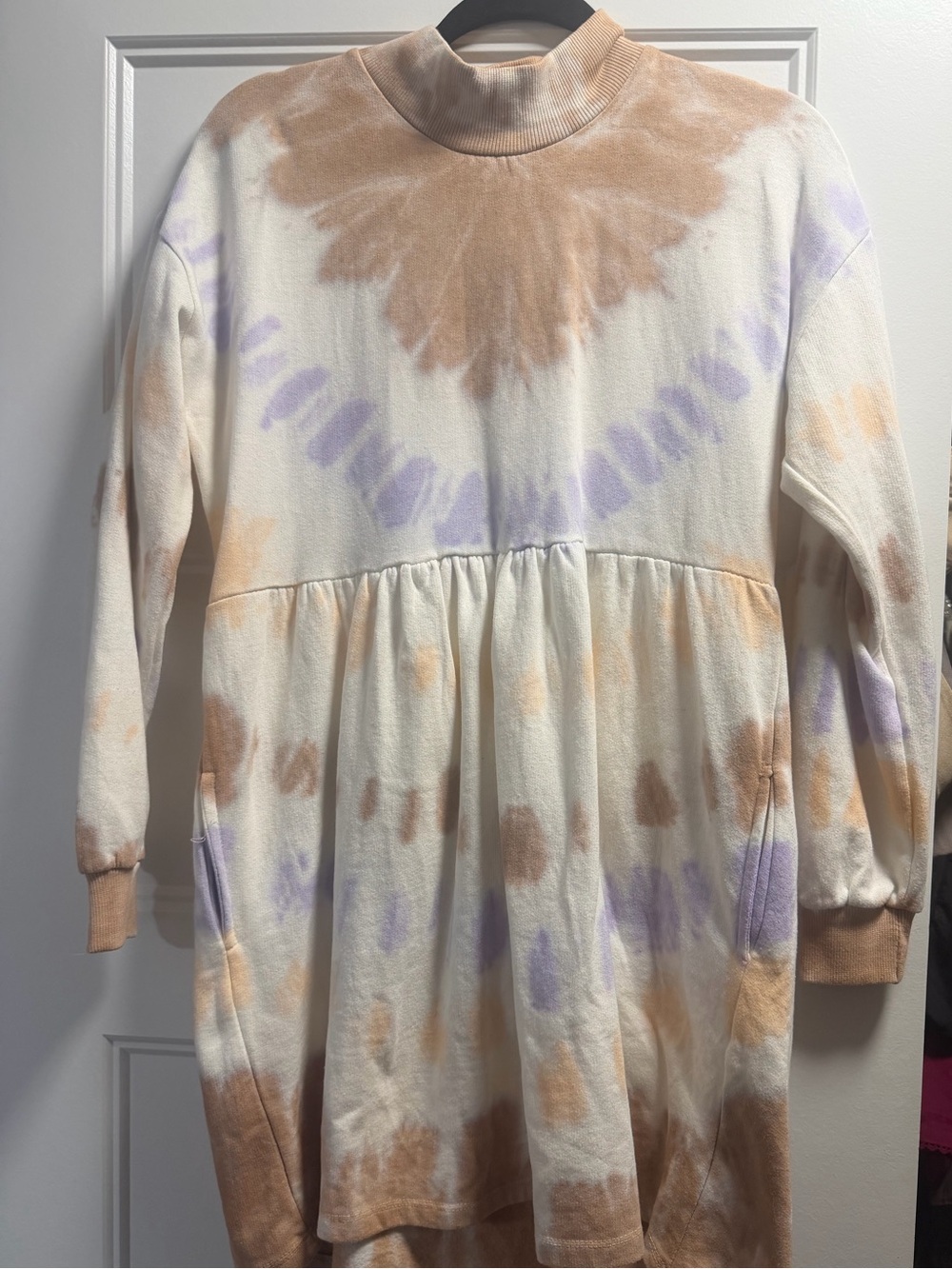 Girls' Tie-Dye Long Sleeve Babydoll Dress - Cream, Tan & Lavender